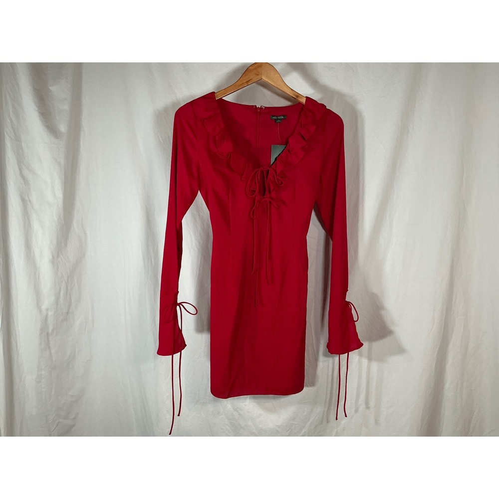 Wild Fable Red Ruffle Tie Front Mini Dress Long Sleeve XS